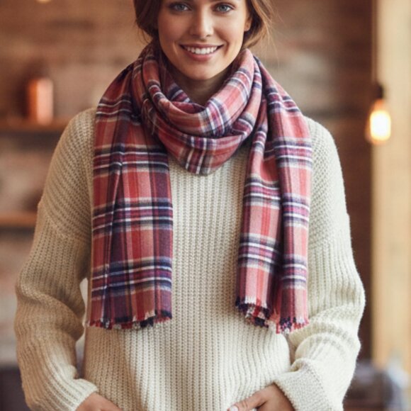 Lands End CashTouch Autumn Plaid Scarf - Picture 1 of 7